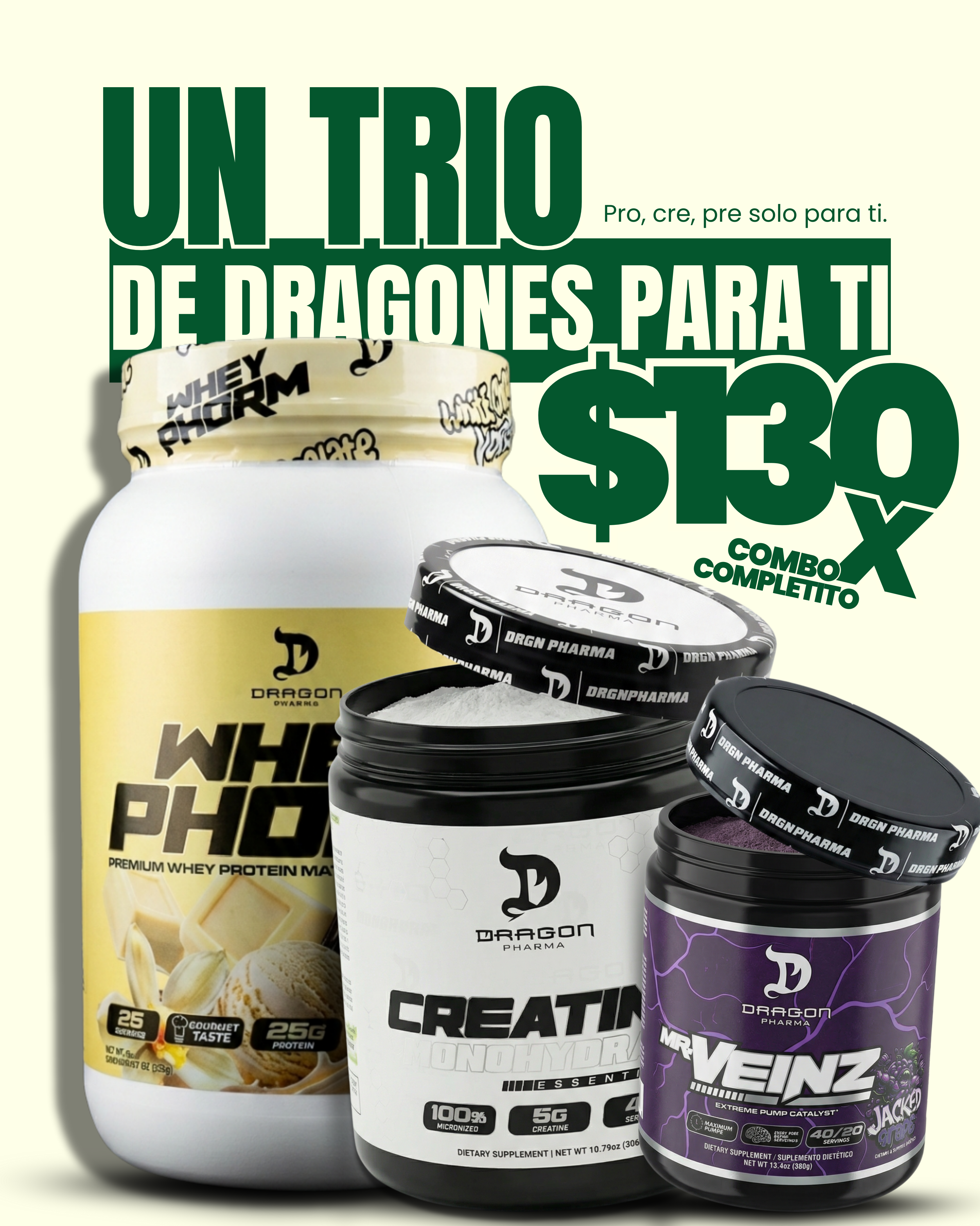 WheyPhorm (2lb) + Creatina Saborizada DragonPharma (306g) + Mr.Veinz (380g)